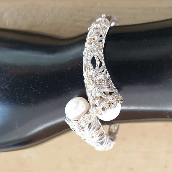 Beautiful Natural Yellow Sapphire Pearl Sterling Silver Filigree Bangle Bracelet - Picture 7 of 10